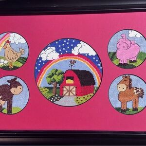 Hand Crafted Pink Farm Animals Cross-Stitch Wall Art